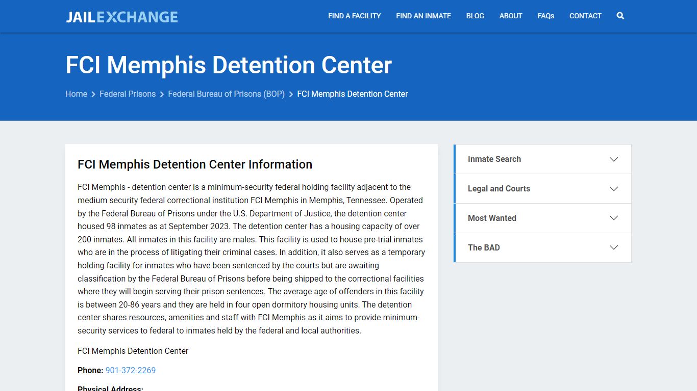 Federal Inmate Search - FCI Memphis Detention Center - Jail Exchange